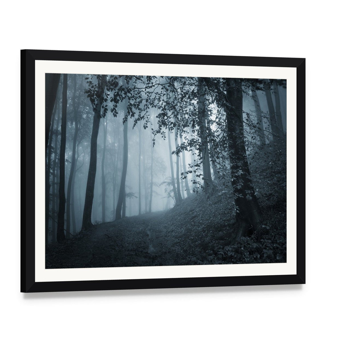 Dark Foggy Forest Canvas Wall Art, framed print with white mat and black frame, angled product view
