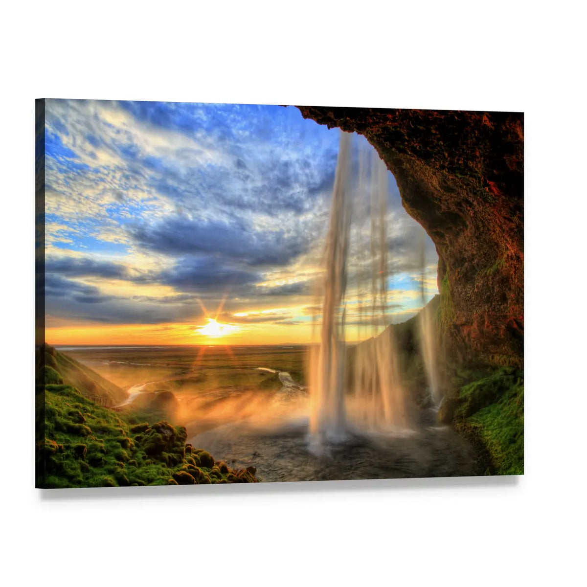 Seljalandfoss Waterfall at Sunset Canvas Wall Art, single panel gallery wrapped canvas, angled product view