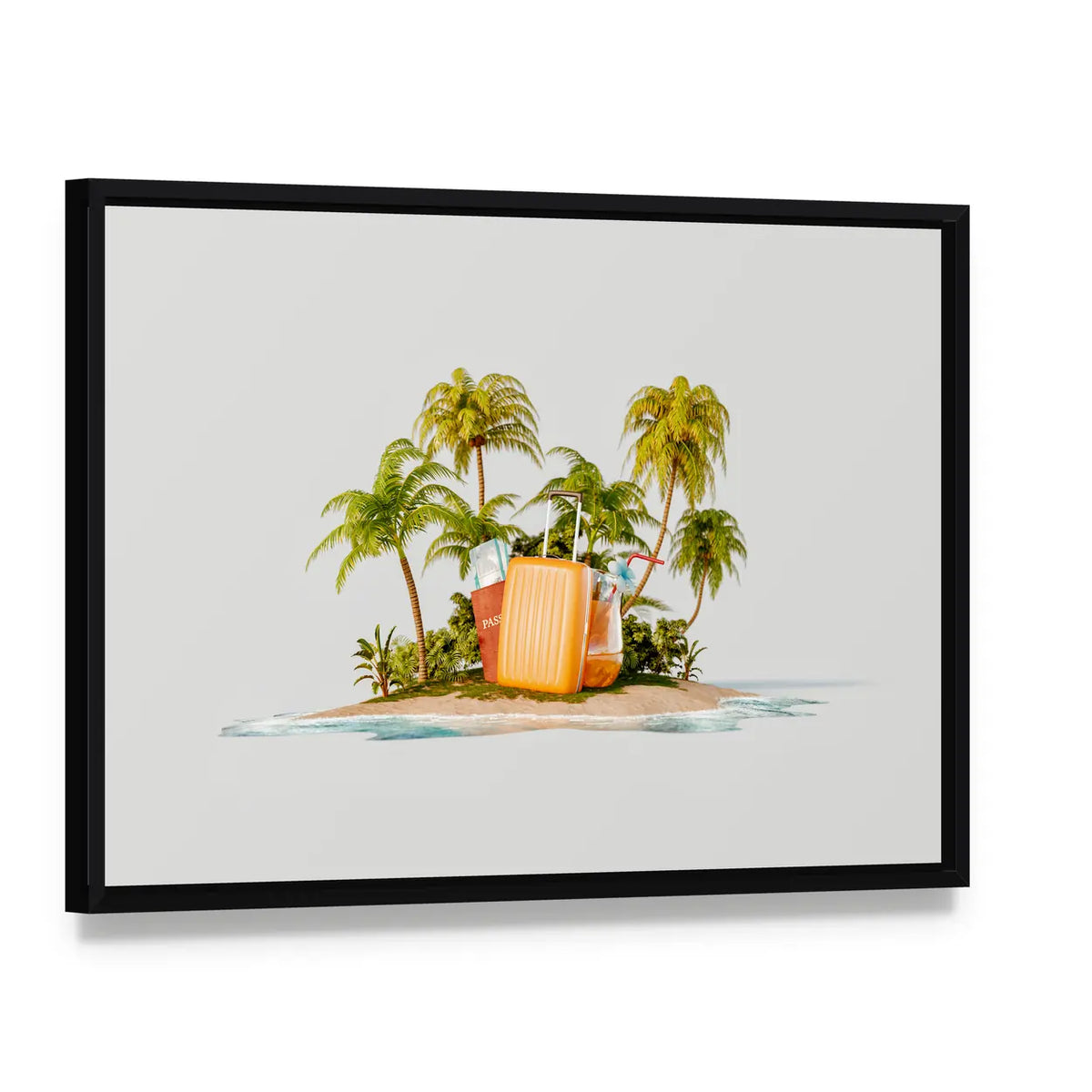 Tropical Island with Bright Orange Suitcase Canvas Wall Art, framed canvas in a black floater frame, angled product view