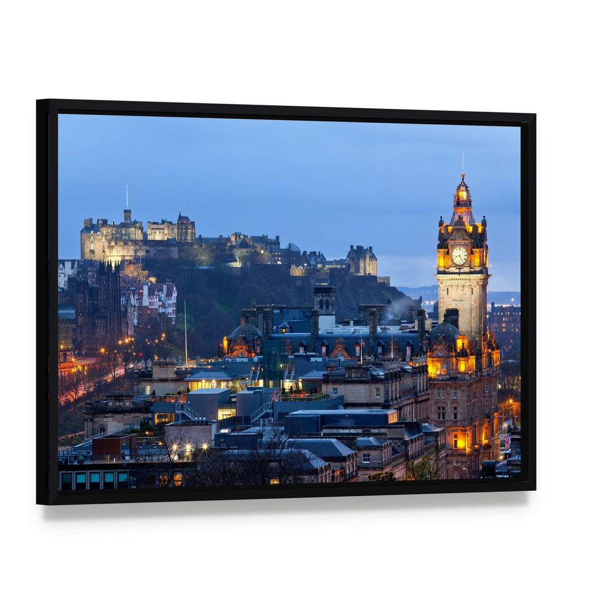 Edinburgh Castle Canvas Wall Art, framed canvas in a black floater frame, angled product view