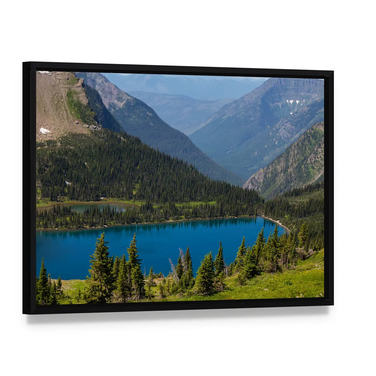 Hidden Lake in Montana Canvas Wall Art, framed canvas in a black floater frame, angled product view