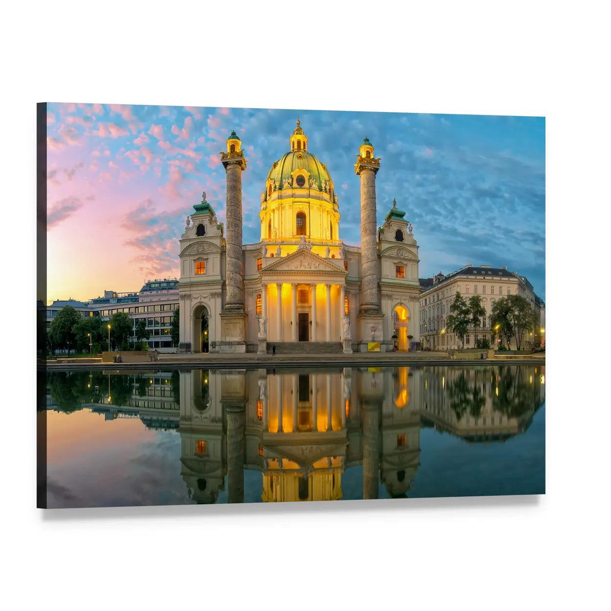 St. Charles Church Sunset Reflection Canvas Wall Art, single panel gallery wrapped canvas, angled product view