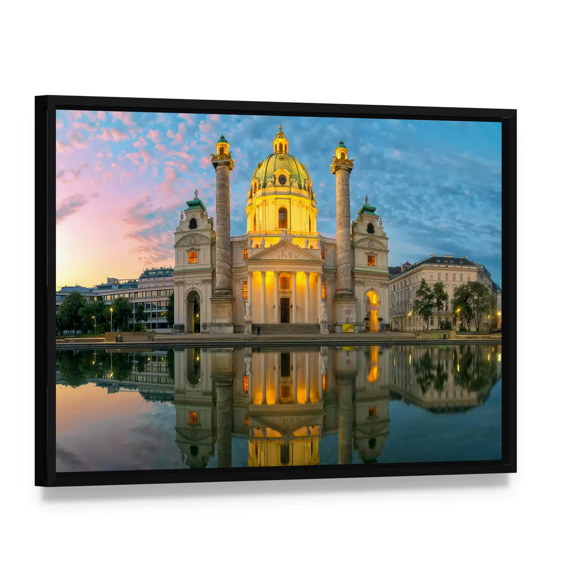 St. Charles Church Sunset Reflection Canvas Wall Art, framed canvas in a black floater frame, angled product view