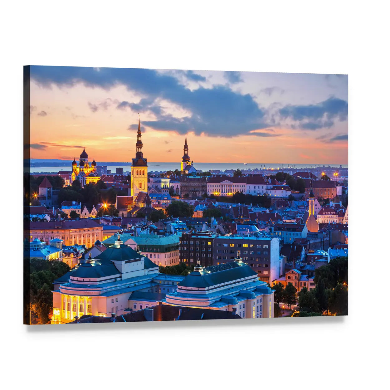 Tallinn Evening Panorama Canvas Wall Art, single panel gallery wrapped canvas, angled product view
