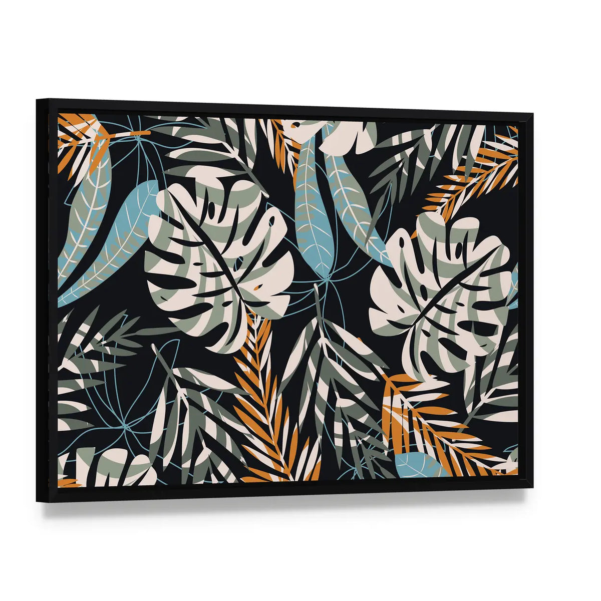Tropical Jungle Pattern Canvas Wall Art, framed canvas in a black floater frame, angled product view
