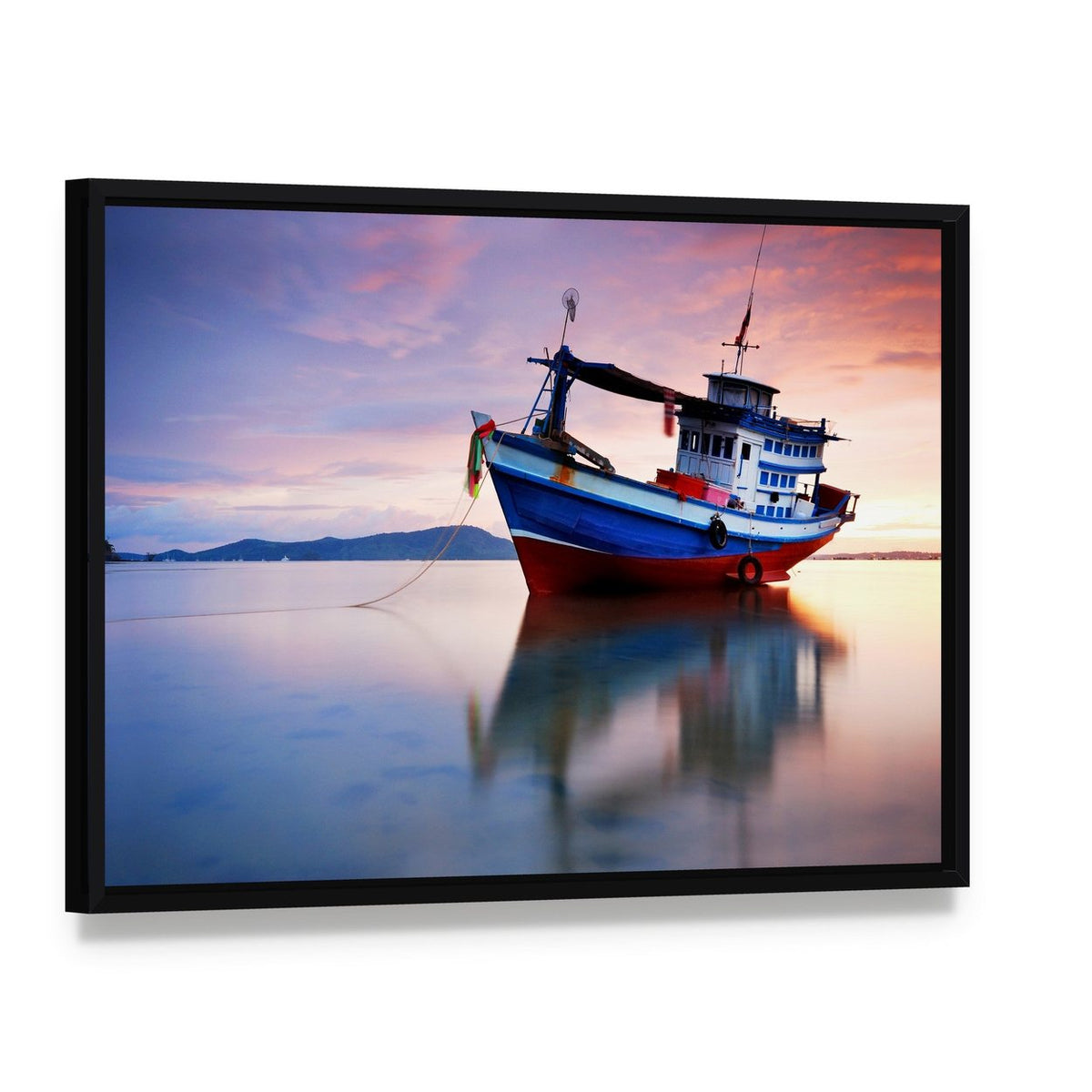 Thai Fishing Boat Canvas Wall Art, framed canvas in a black floater frame, angled product view