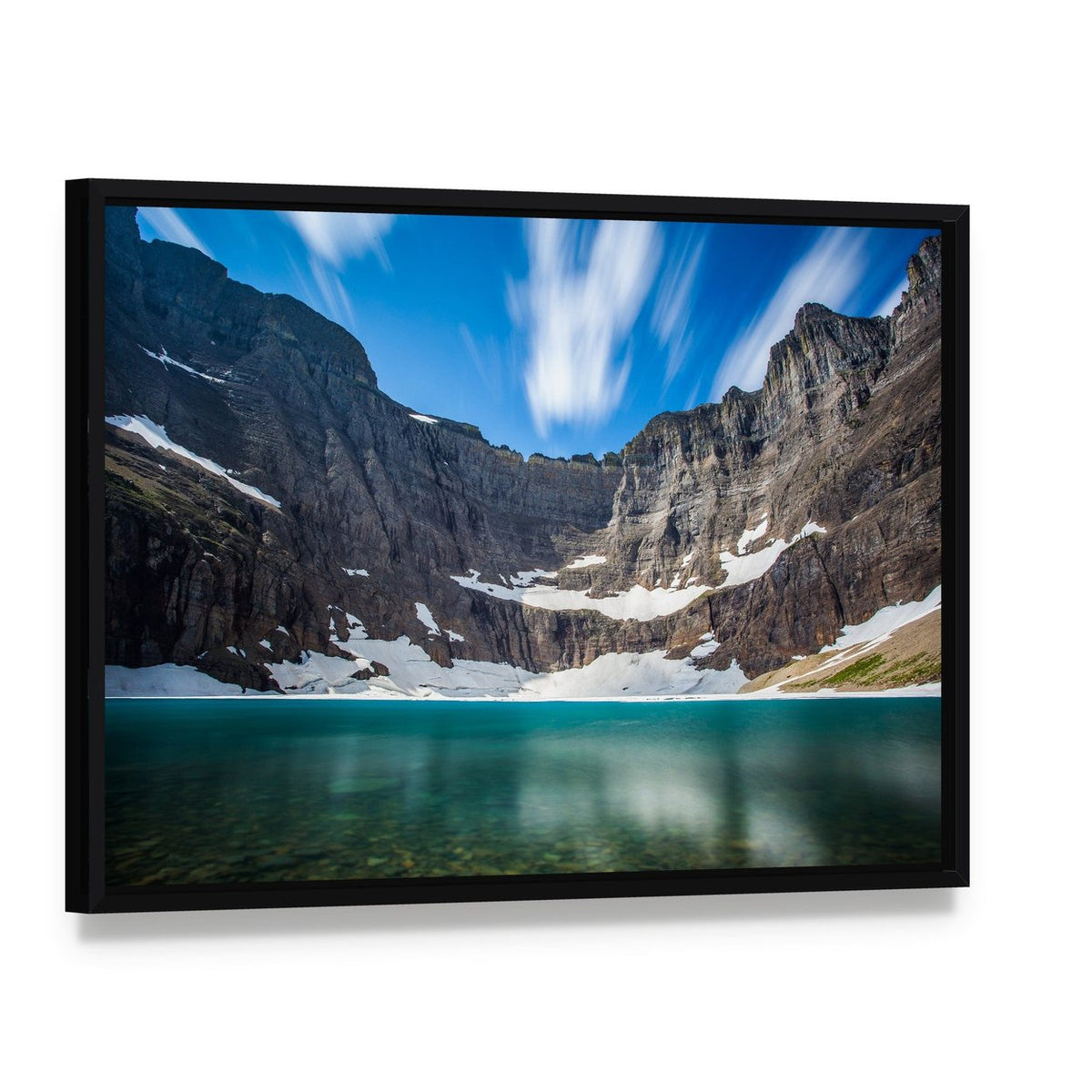 Iceberg Lake with Snow-capped Peaks Canvas Wall Art, framed canvas in a black floater frame, angled product view