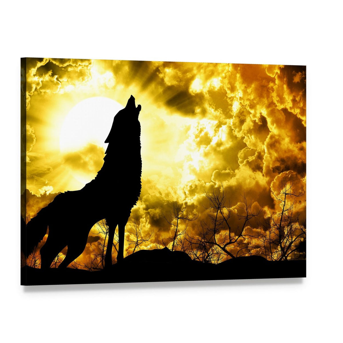 Wolf Howling at Sunset Canvas Wall Art, single panel gallery wrapped canvas, angled product view