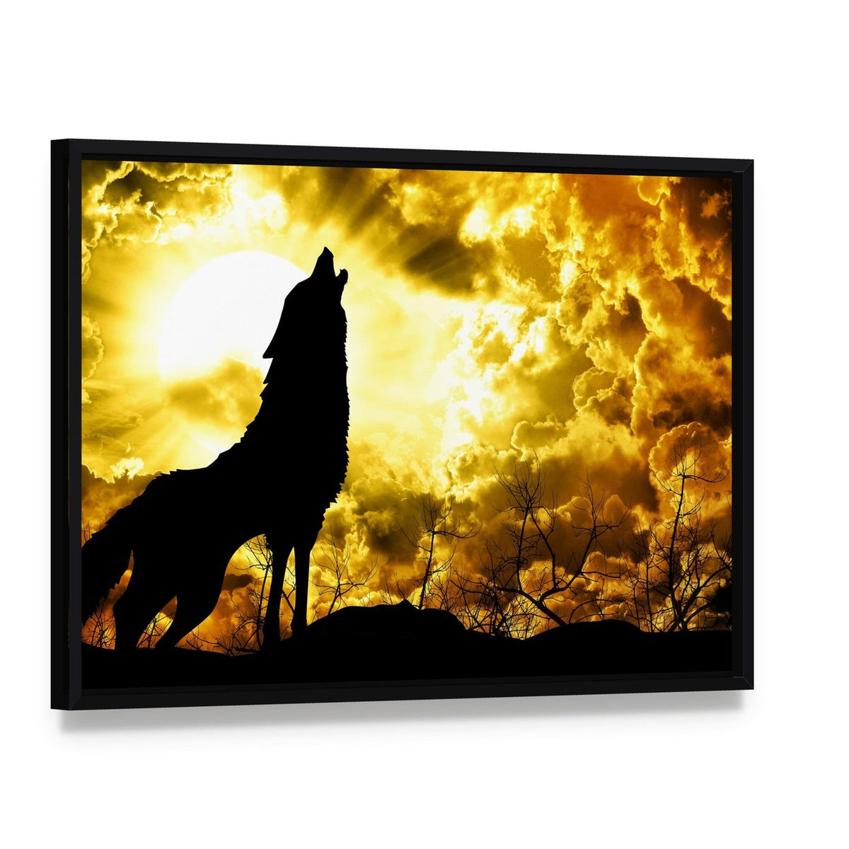 Wolf Howling at Sunset Canvas Wall Art, framed canvas in a black floater frame, angled product view