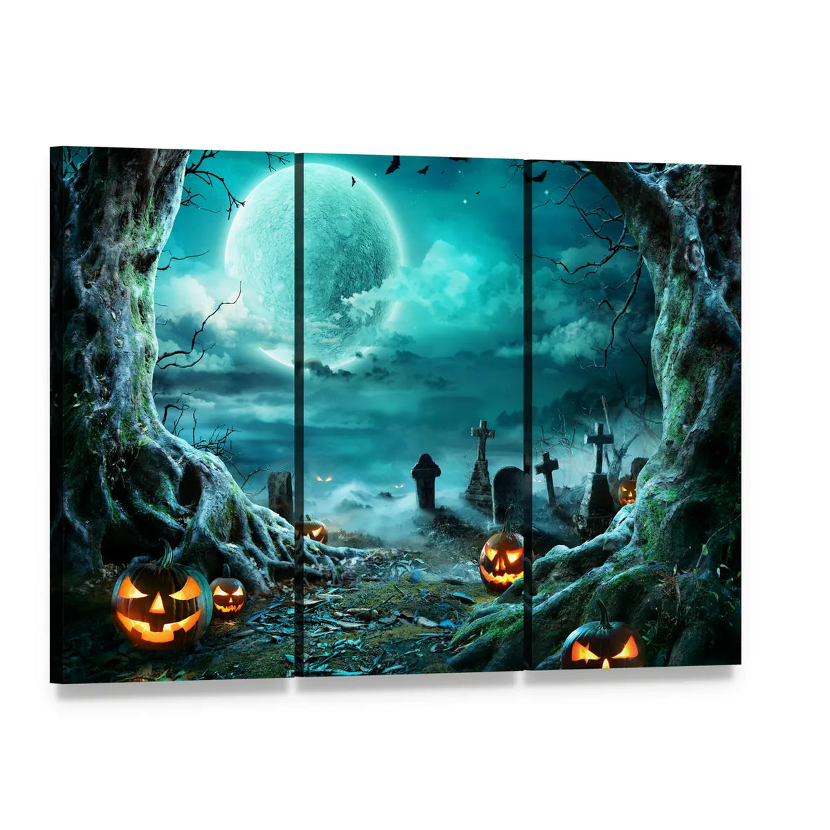 Jack O'lanterns in Graveyard at Night Canvas Wall Art, 3 panel 3 Horizontal layout gallery wrapped canvas set, angled product view