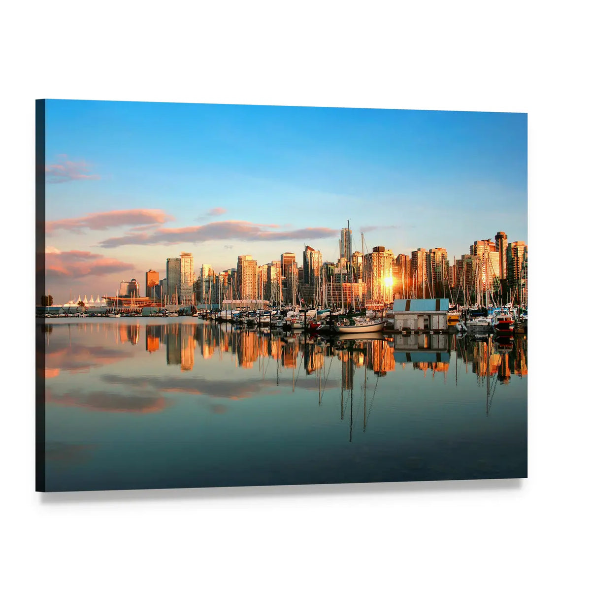 Vancouver Skyline at Sunset Canvas Wall Art, single panel gallery wrapped canvas, angled product view