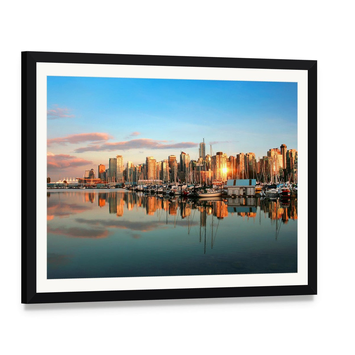 Vancouver Skyline at Sunset Canvas Wall Art, framed print with white mat and black frame, angled product view