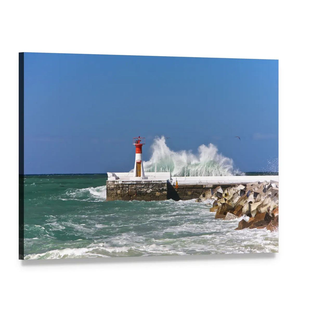 Red and White Lighthouse Beside Stone Pier Canvas Wall Art, single panel gallery wrapped canvas, angled product view