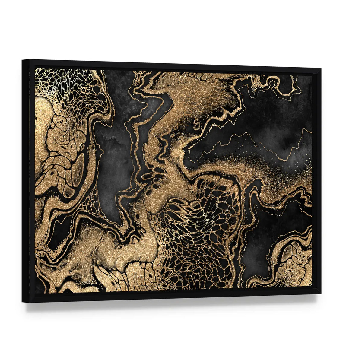 Gold Veined Marble Texture Canvas Wall Art, framed canvas in a black floater frame, angled product view
