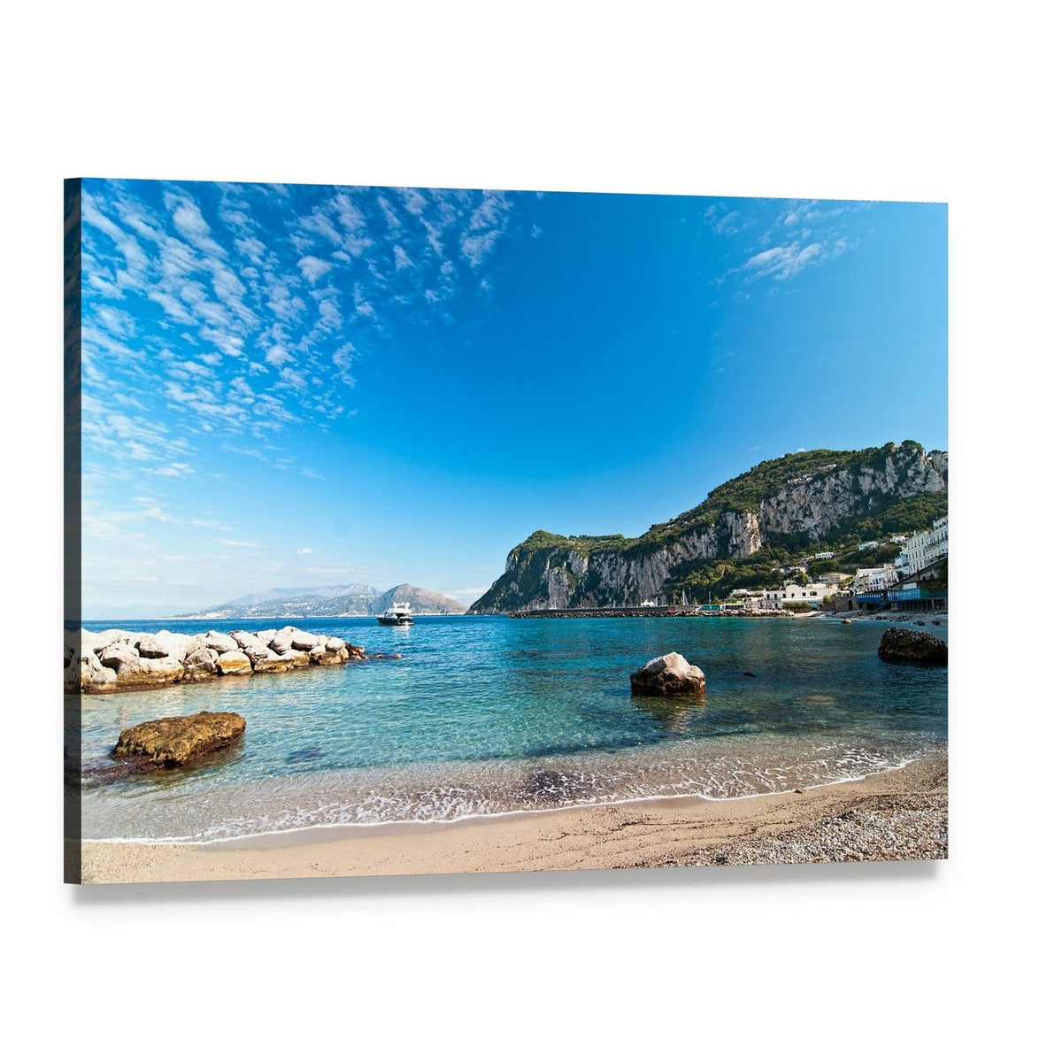 Capri Seascape with Cliffs and Boats Canvas Wall Art, single panel gallery wrapped canvas, angled product view