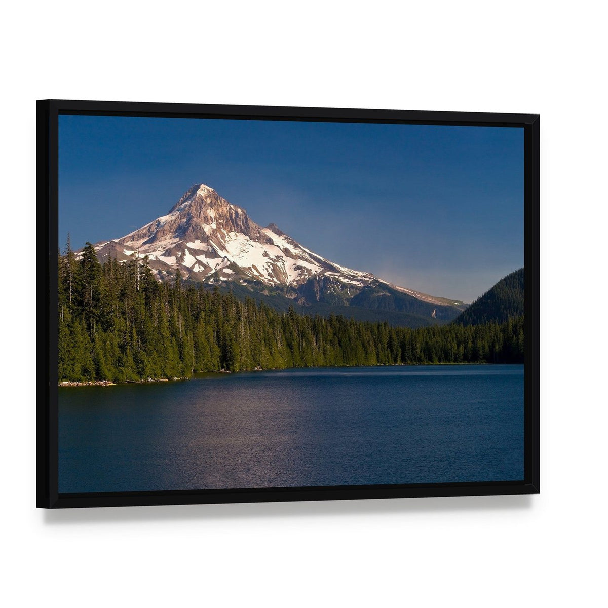 Lake and Mount Hood Canvas Wall Art, framed canvas in a black floater frame, angled product view
