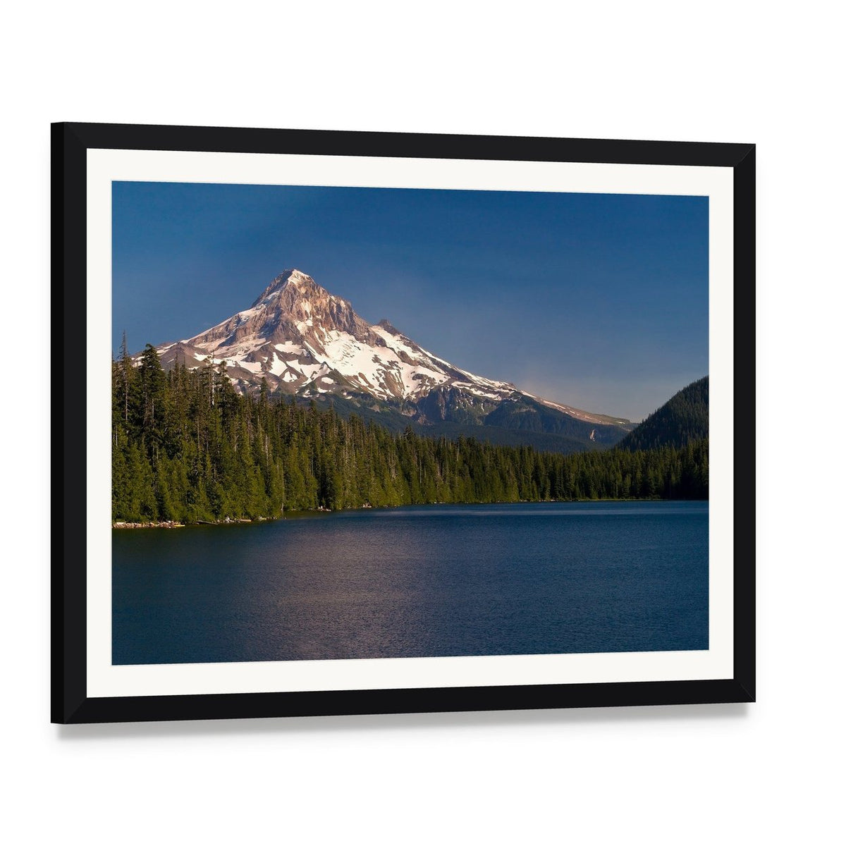 Lake and Mount Hood Canvas Wall Art, framed print with white mat and black frame, angled product view