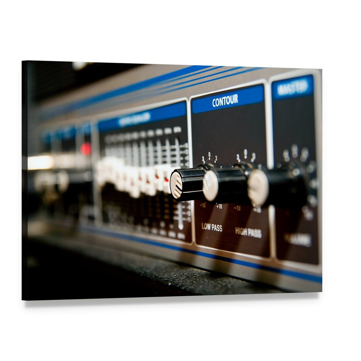 Audio Amplifier Controls Close-up Canvas Wall Art, single panel gallery wrapped canvas, angled product view