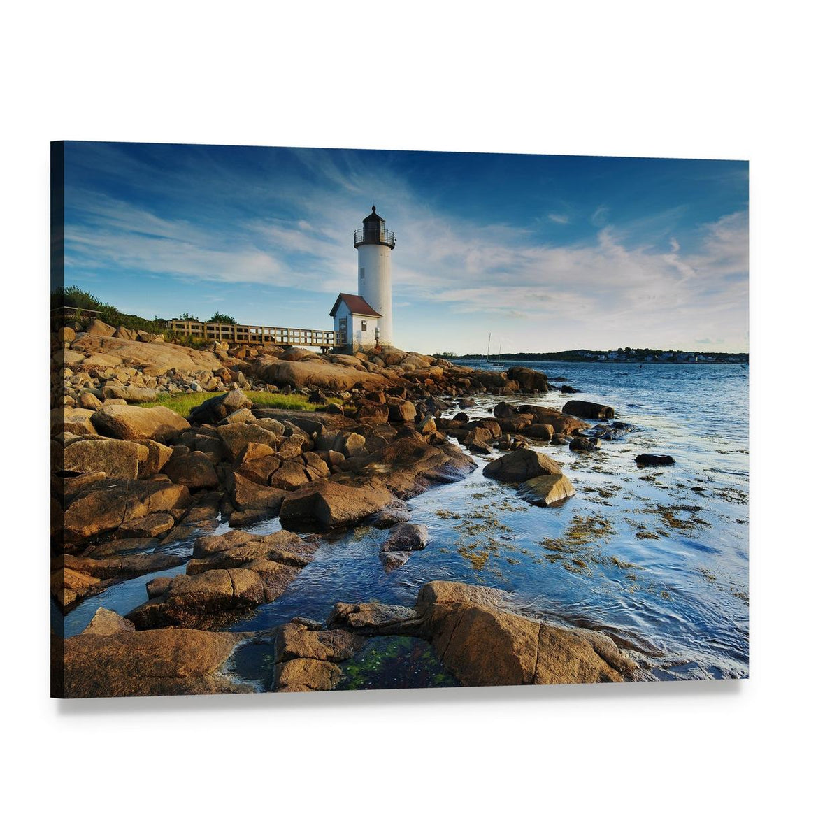 Annisquam Lighthouse on Rocky Shoreline Canvas Wall Art, single panel gallery wrapped canvas, angled product view