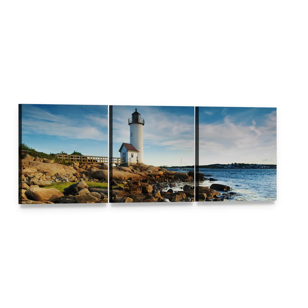 Annisquam Lighthouse on Rocky Coastline Panoramic Canvas Wall Art, 3 panel 3 Piece layout gallery wrapped canvas set, angled product view