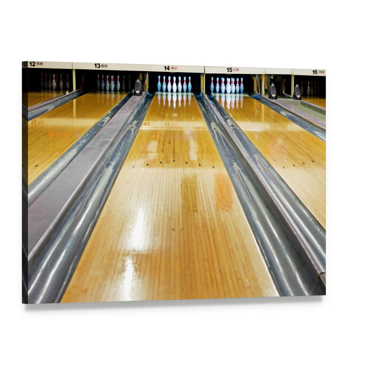 Bowling Alley Pins Canvas Wall Art, single panel gallery wrapped canvas, angled product view