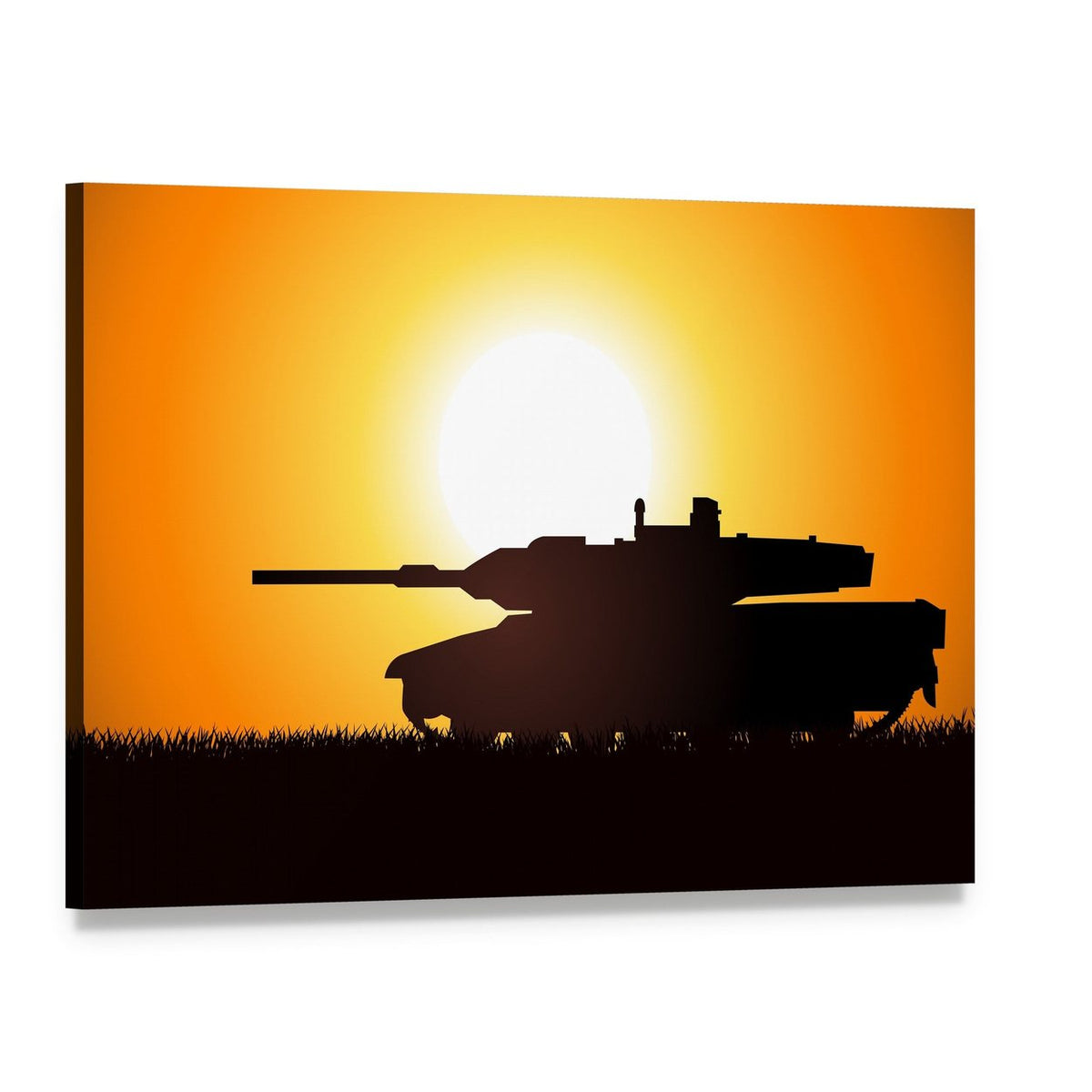 Tank Silhouette at Sunset Canvas Wall Art, single panel gallery wrapped canvas, angled product view