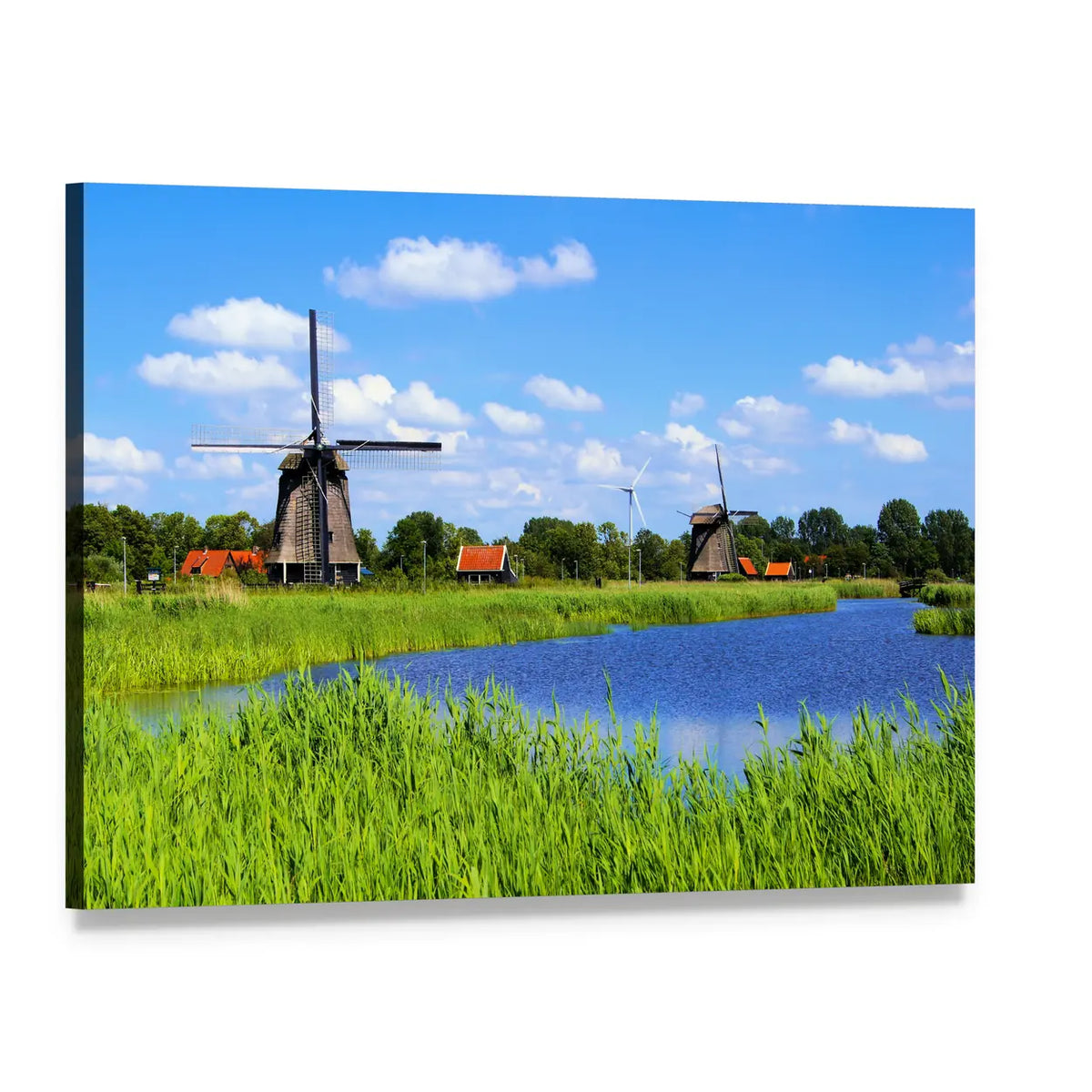Windmills Along a Canal Canvas Wall Art, single panel gallery wrapped canvas, angled product view