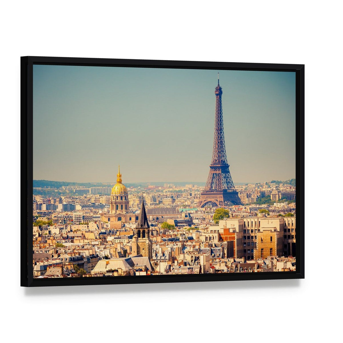 Eiffel Tower with Paris Skyline Canvas Wall Art, framed canvas in a black floater frame, angled product view