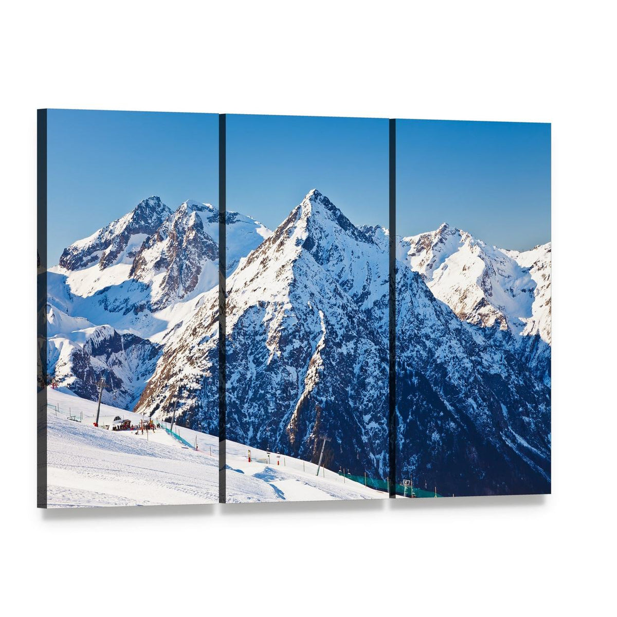 Ski Resort and French Alps Canvas Wall Art, 3 panel 3 Horizontal layout gallery wrapped canvas set, angled product view