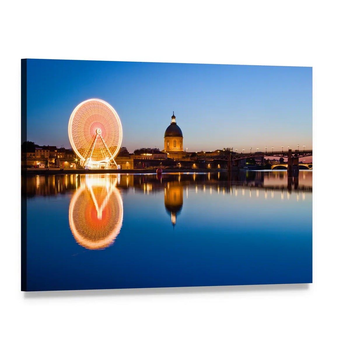 Toulouse Ferris Wheel with River Reflection Canvas Wall Art, single panel gallery wrapped canvas, angled product view