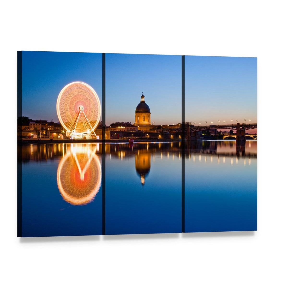 Toulouse Ferris Wheel at Twilight Canvas Wall Art, 3 panel 3 Horizontal layout gallery wrapped canvas set, angled product view