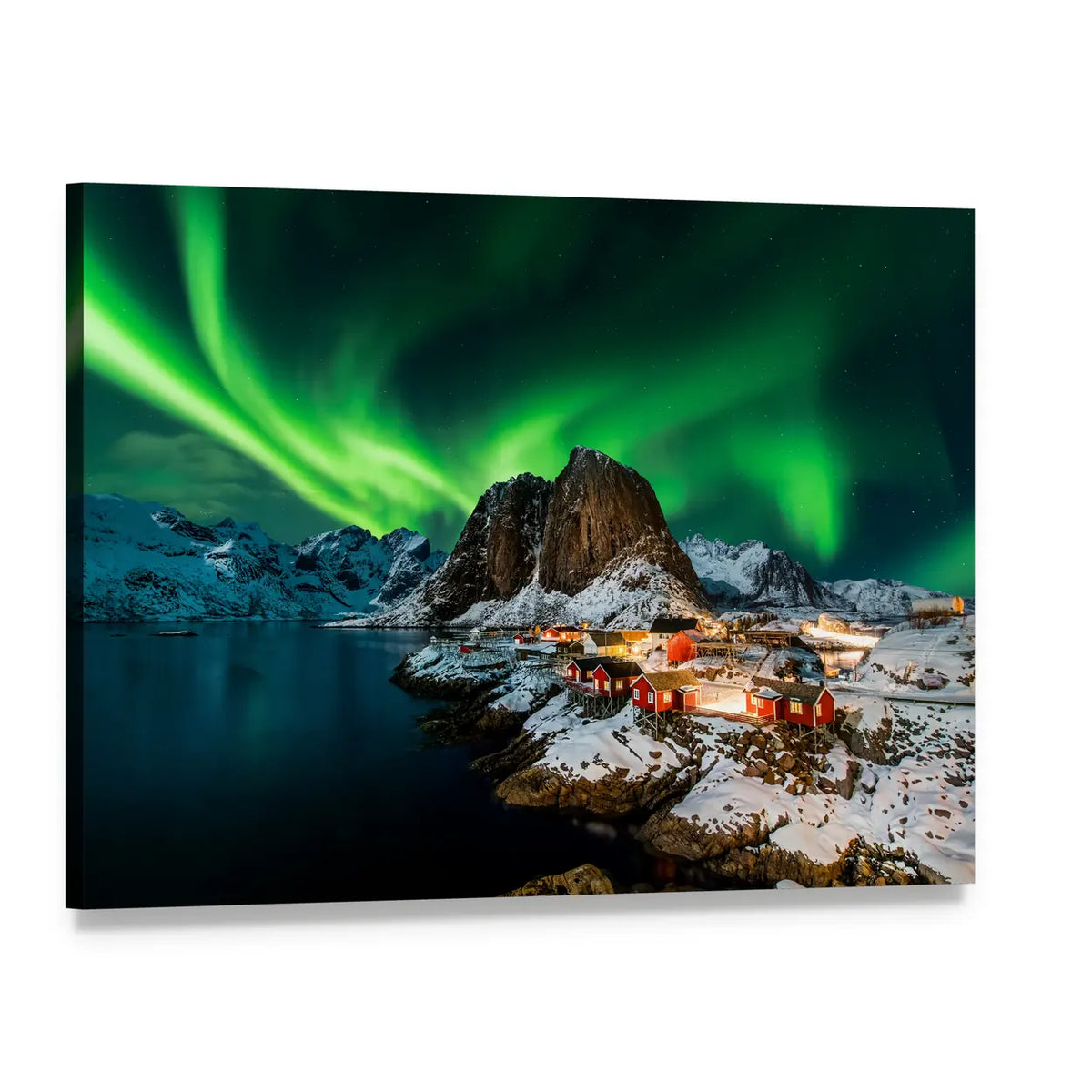Aurora Borealis Over Norwegian Fjord Canvas Wall Art, single panel gallery wrapped canvas, angled product view