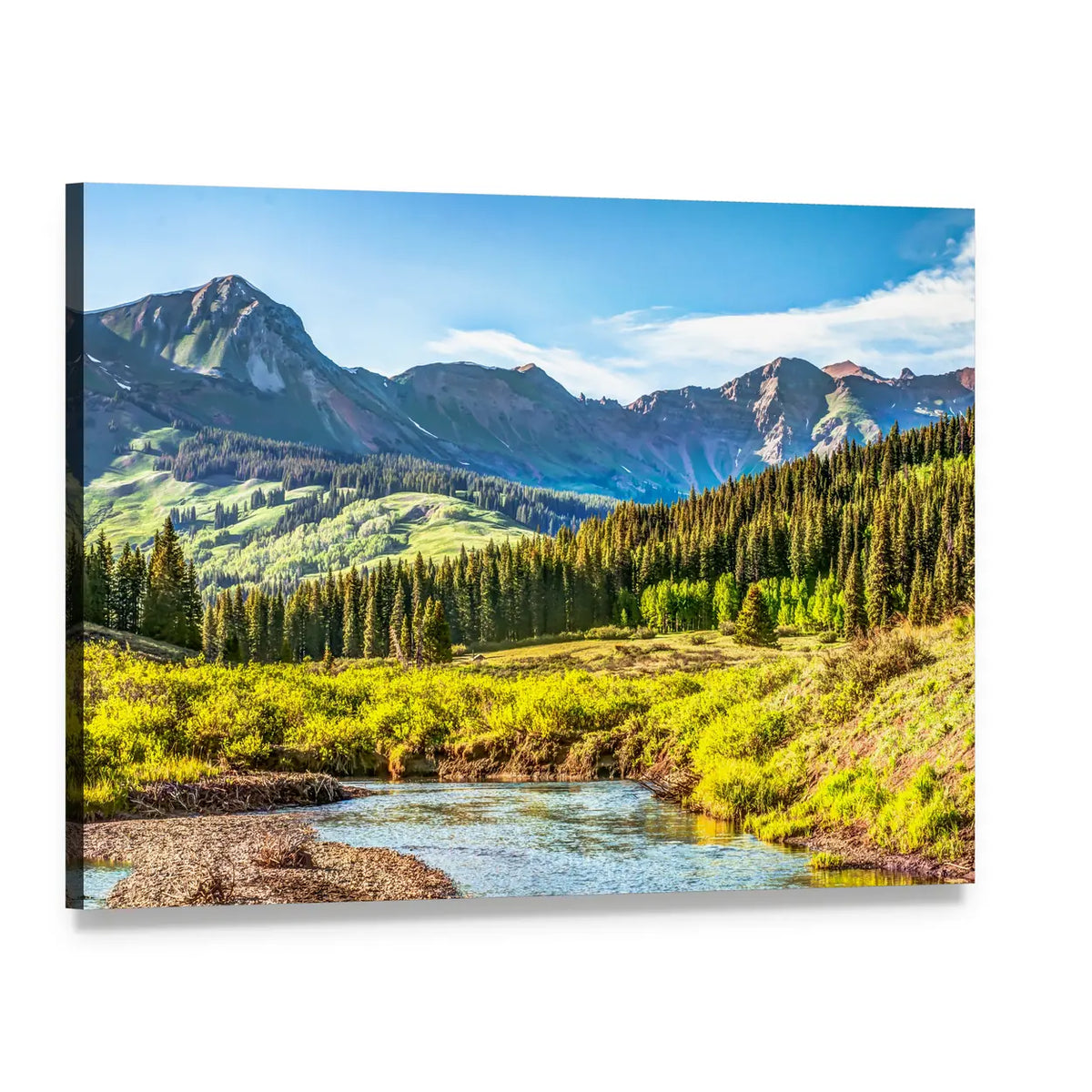Slate River and Snow-capped Mountains Canvas Wall Art, single panel gallery wrapped canvas, angled product view
