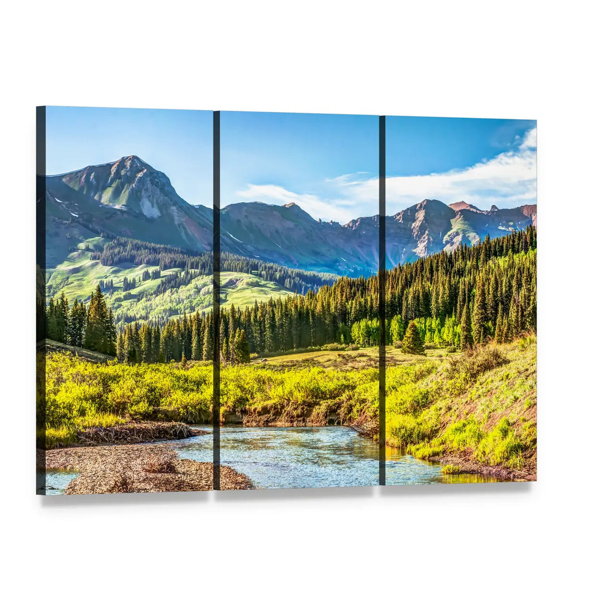 Slate River and Snow-capped Mountains Canvas Wall Art, 3 panel 3 Horizontal layout gallery wrapped canvas set, angled product view