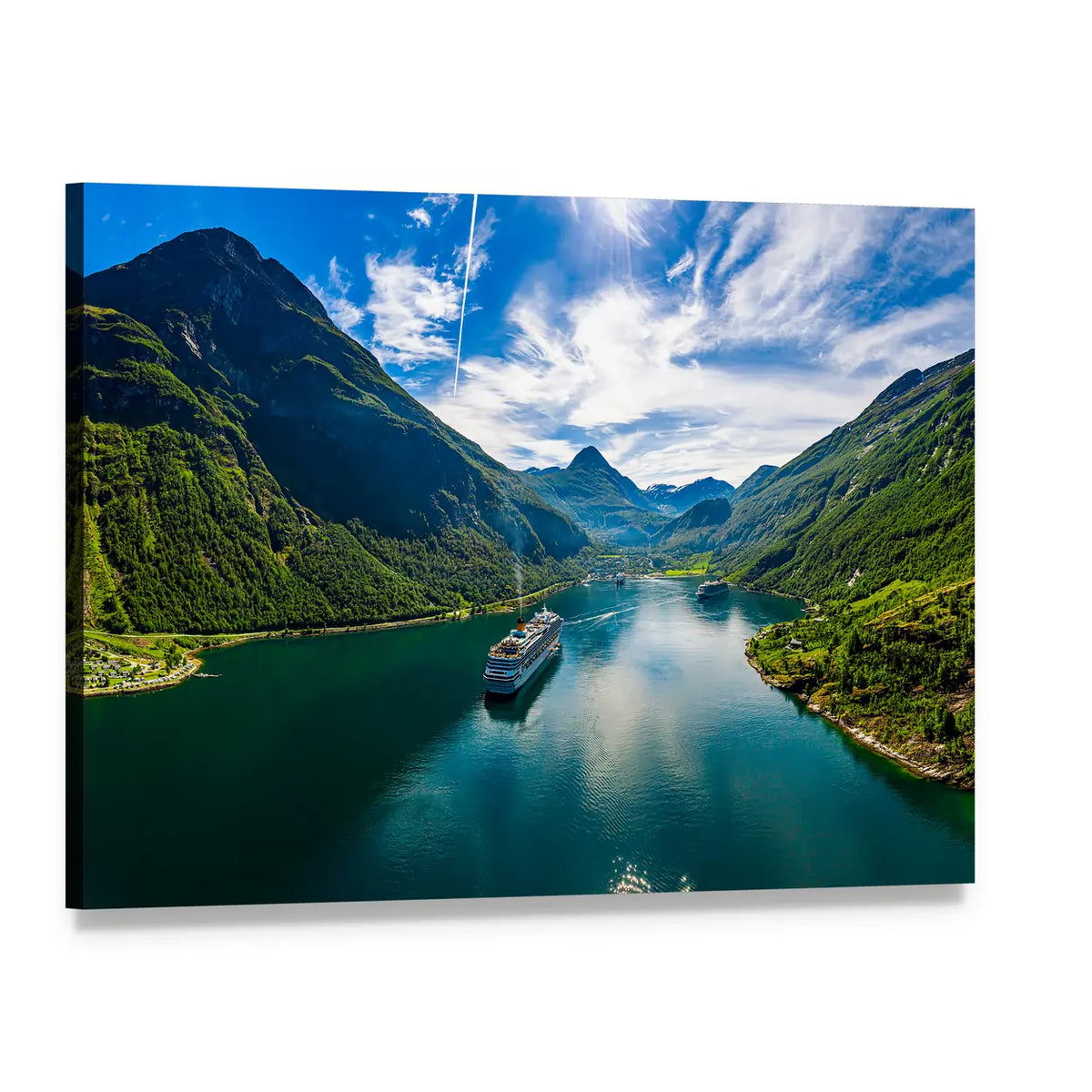Fjord with Cruise Ship and Mountain Peak Canvas Wall Art, single panel gallery wrapped canvas, angled product view