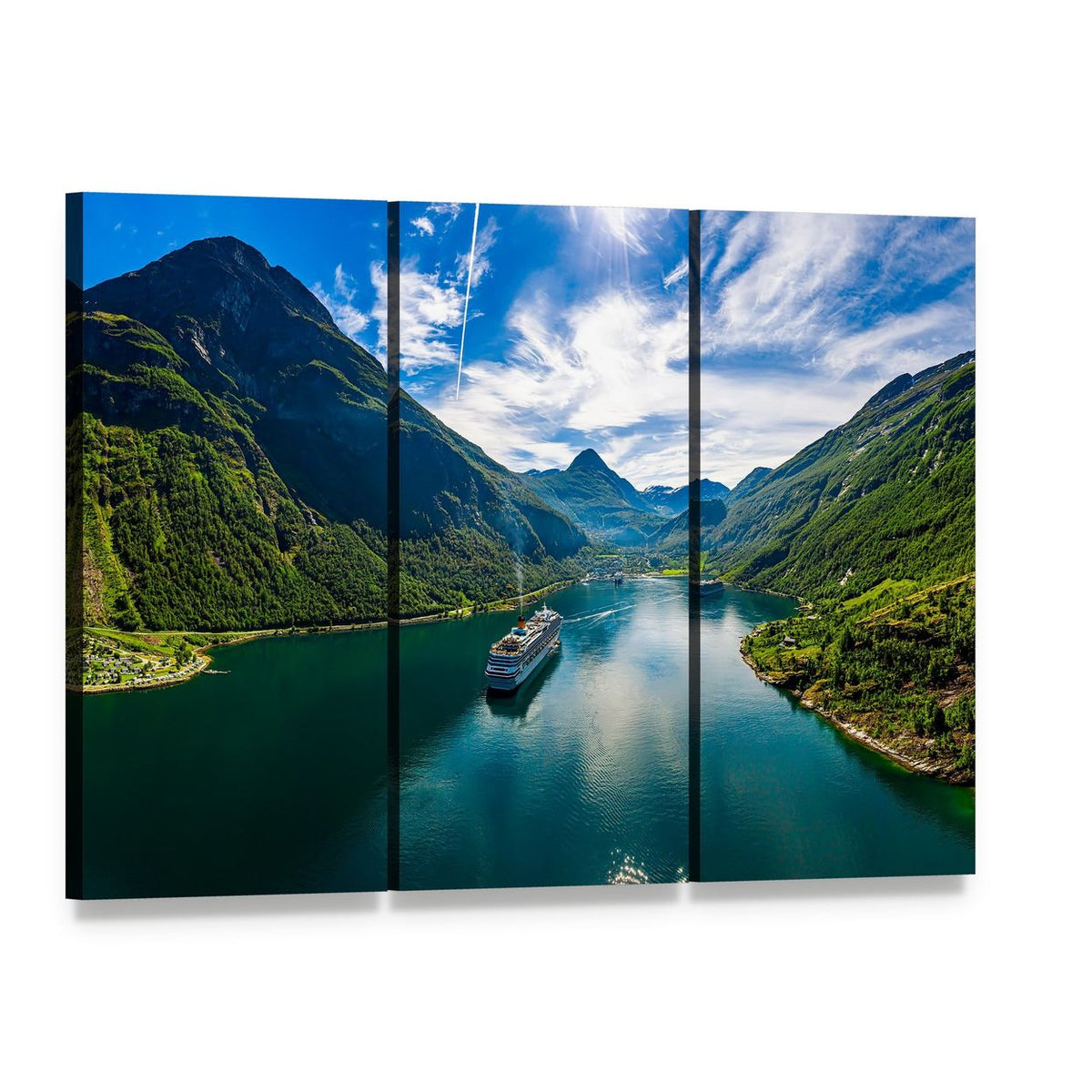 Geiranger Fjord Norway Cruise Ship View Canvas Wall Art, 3 panel 3 Horizontal layout gallery wrapped canvas set, angled product view