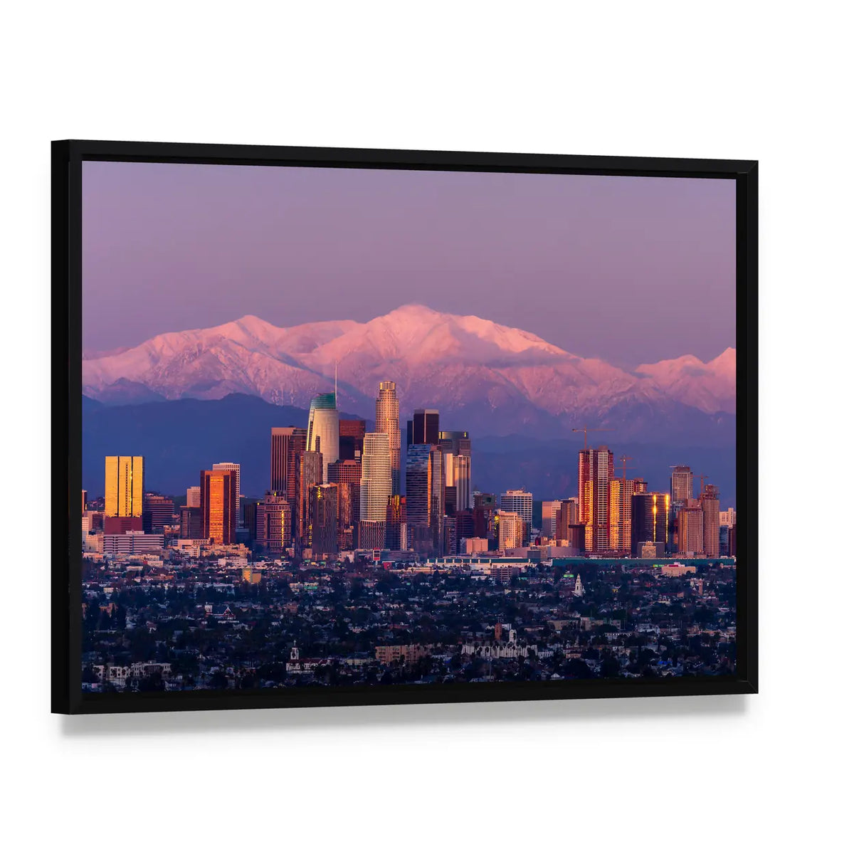 Downtown Los Angeles Skyline at Sunset Canvas Wall Art, framed canvas in a black floater frame, angled product view