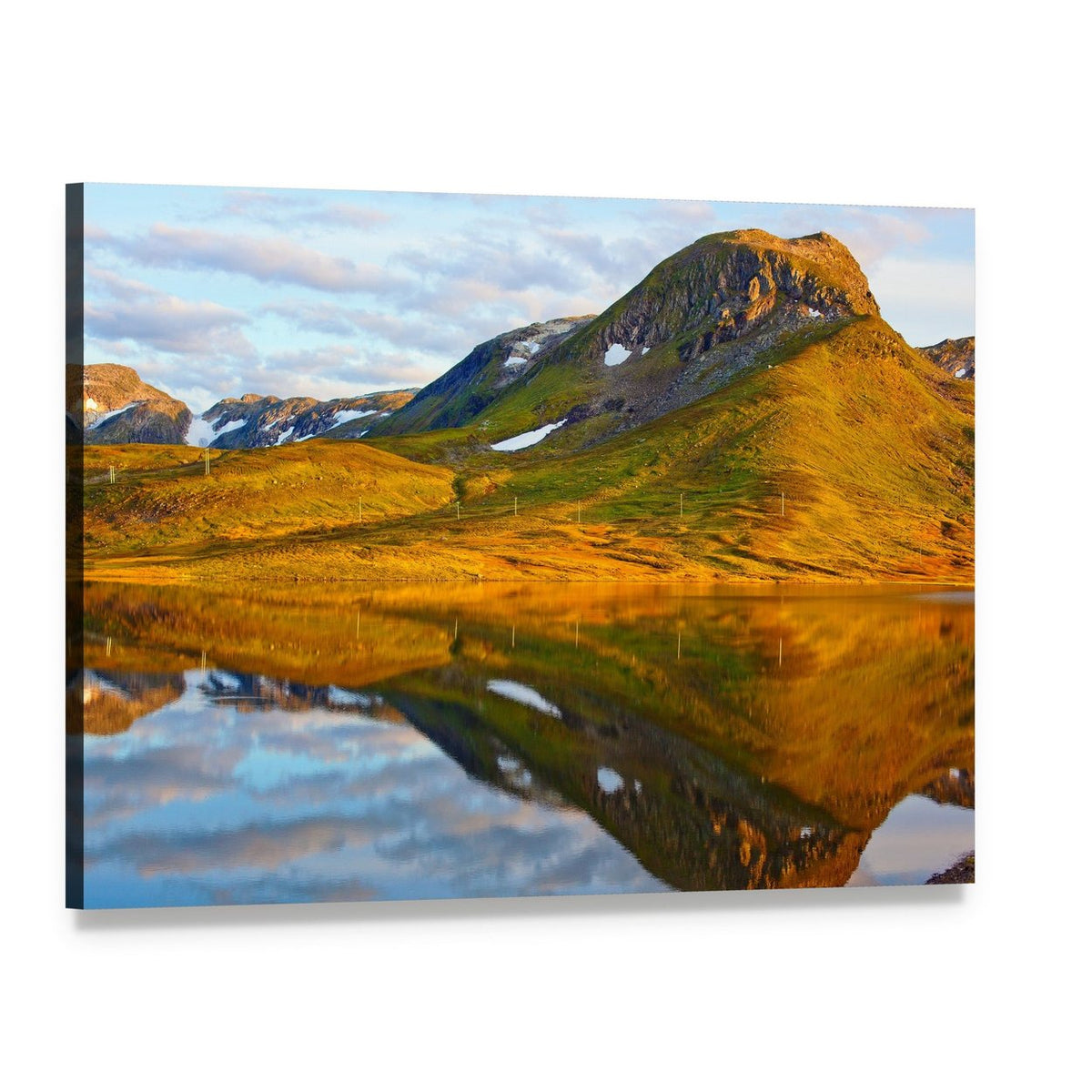 Mountains and Lake in Norway Canvas Wall Art, single panel gallery wrapped canvas, angled product view