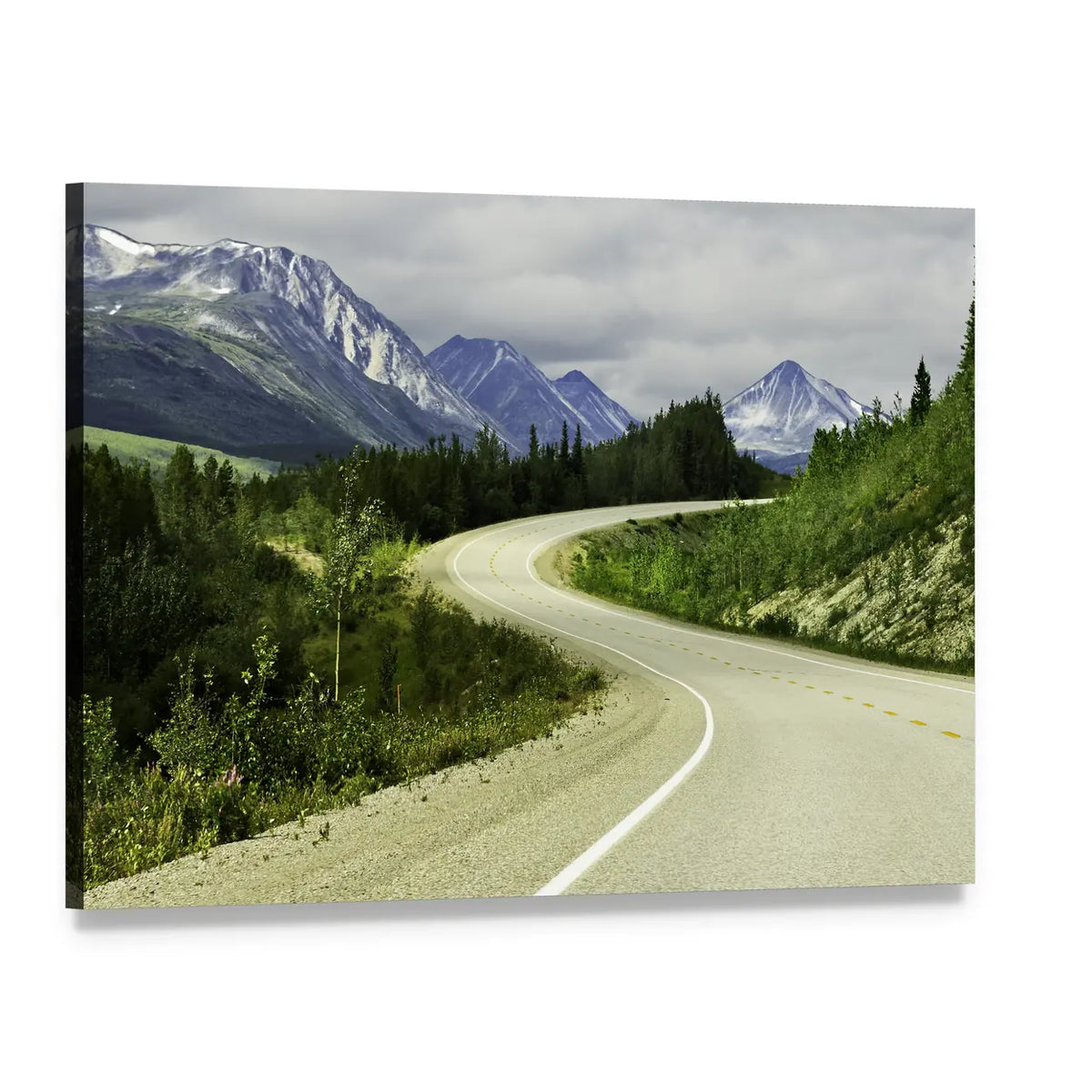 Winding Mountain Road with Pine Forest Canvas Wall Art, single panel gallery wrapped canvas, angled product view