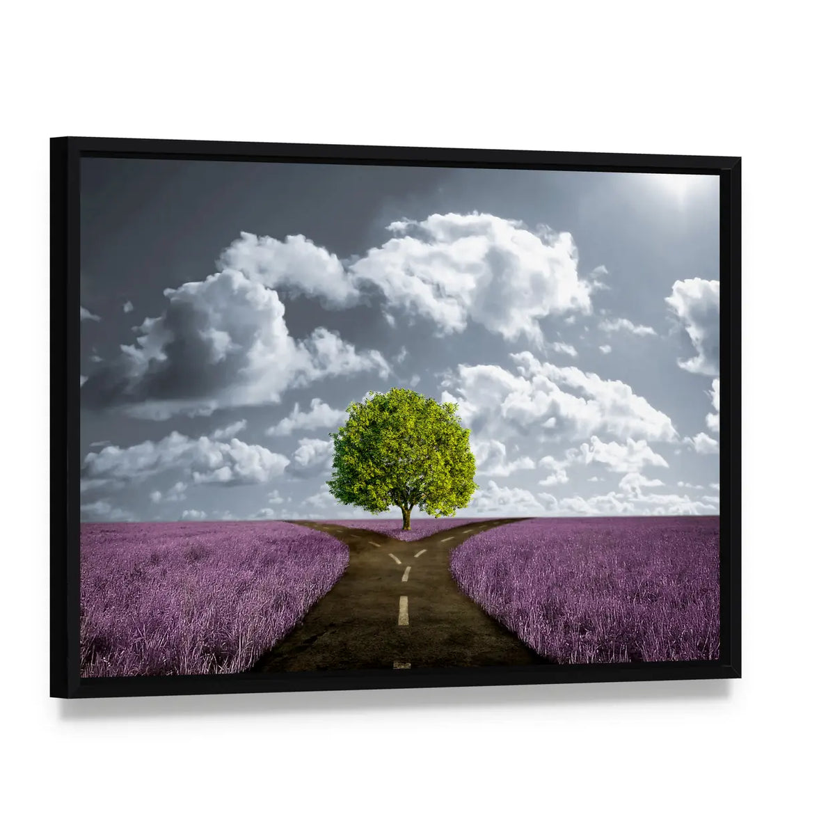 Crossroad in Lavender Meadow Canvas Wall Art, framed canvas in a black floater frame, angled product view