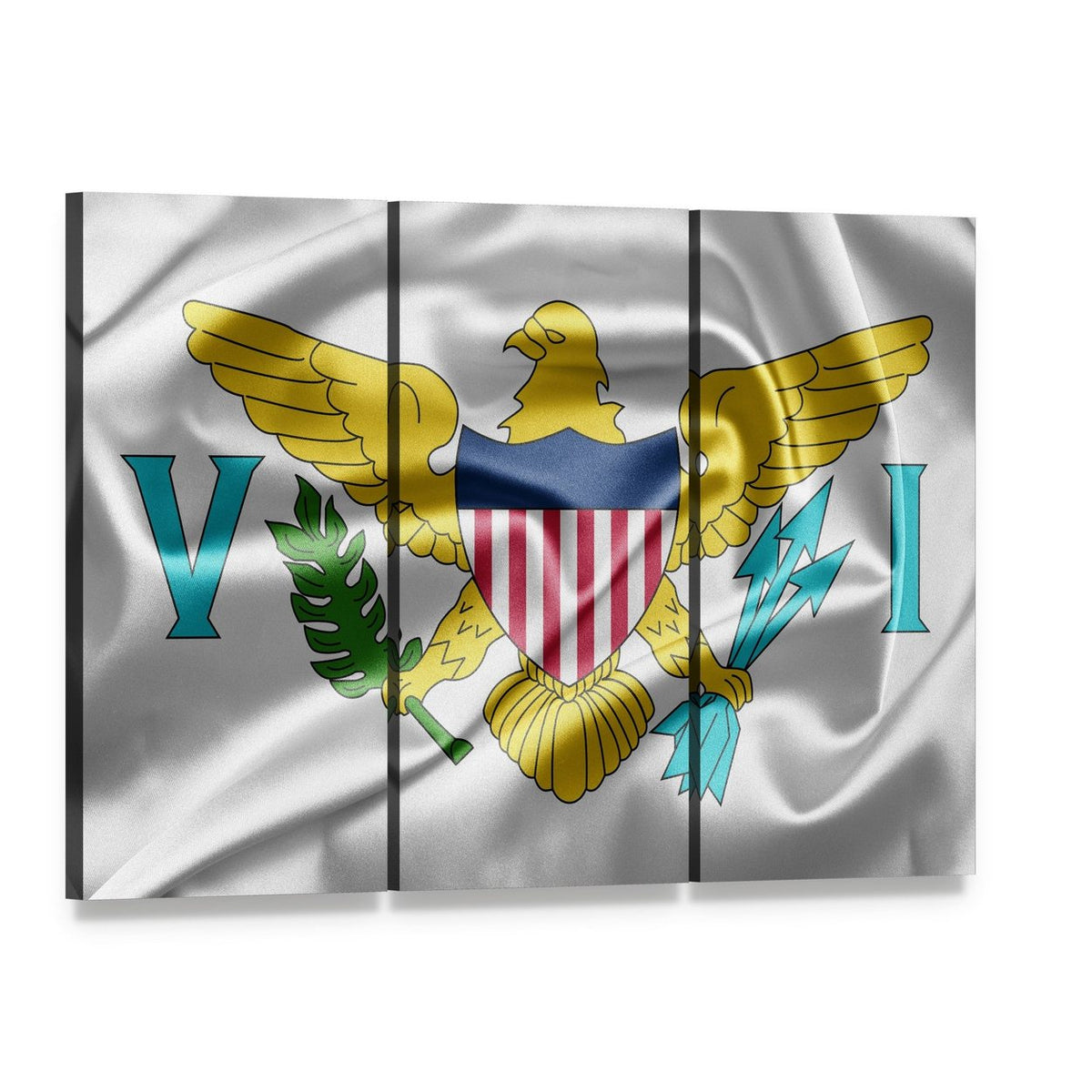 United States Virgin Islands Flag Canvas Wall Art, 3 panel 3 Horizontal layout gallery wrapped canvas set, angled product view
