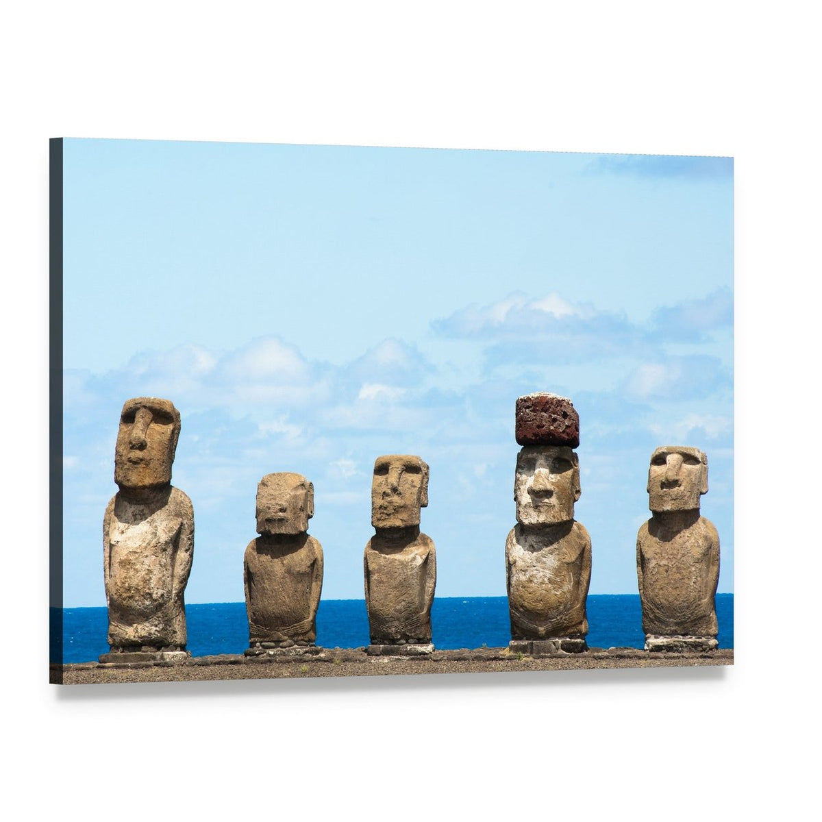 Moai Statues at Ahu Tongariki Canvas Wall Art, single panel gallery wrapped canvas, angled product view