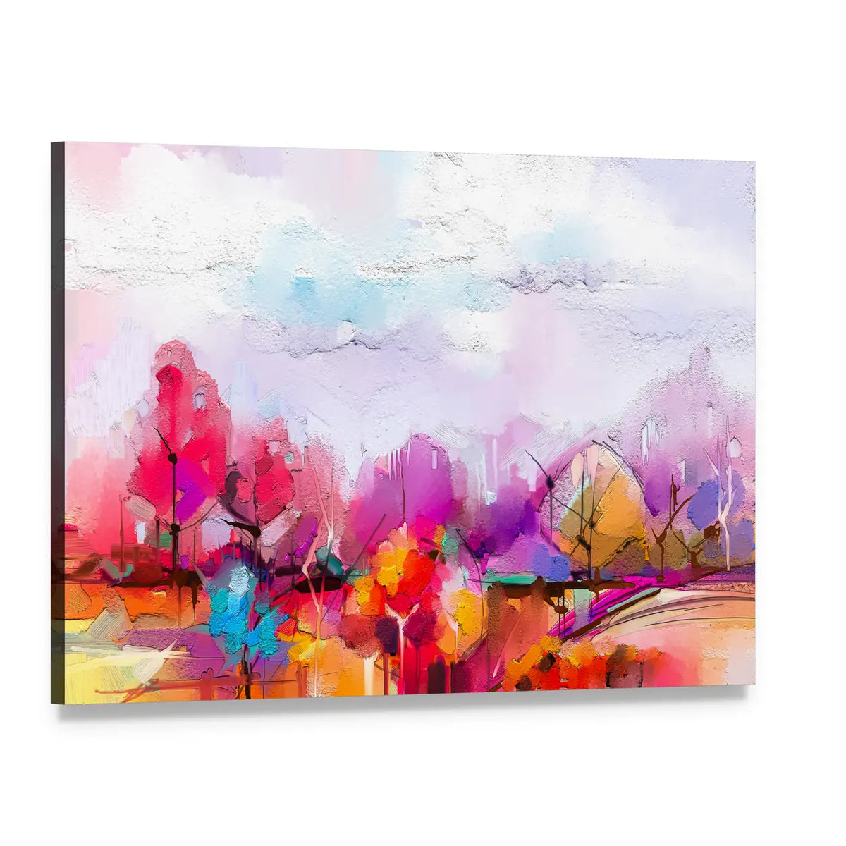 Oil-painted Abstract Trees Canvas Wall Art, single panel gallery wrapped canvas, angled product view