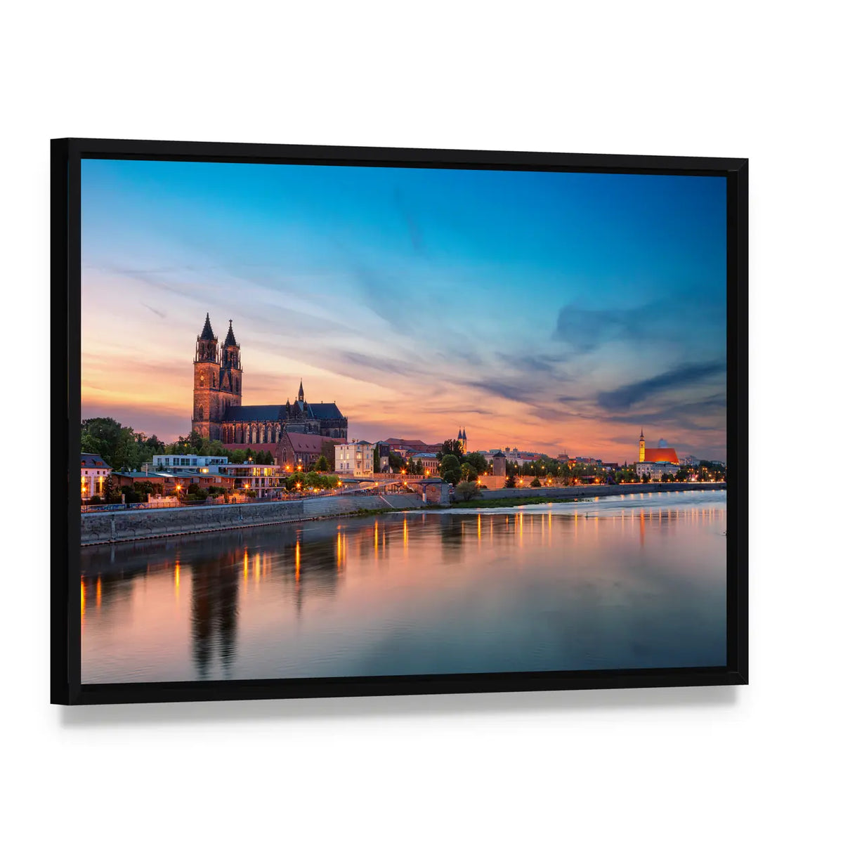 Magdeburg City And Elbe River At Sunset In Germany Canvas Wall Art, framed canvas in a black floater frame, angled product view