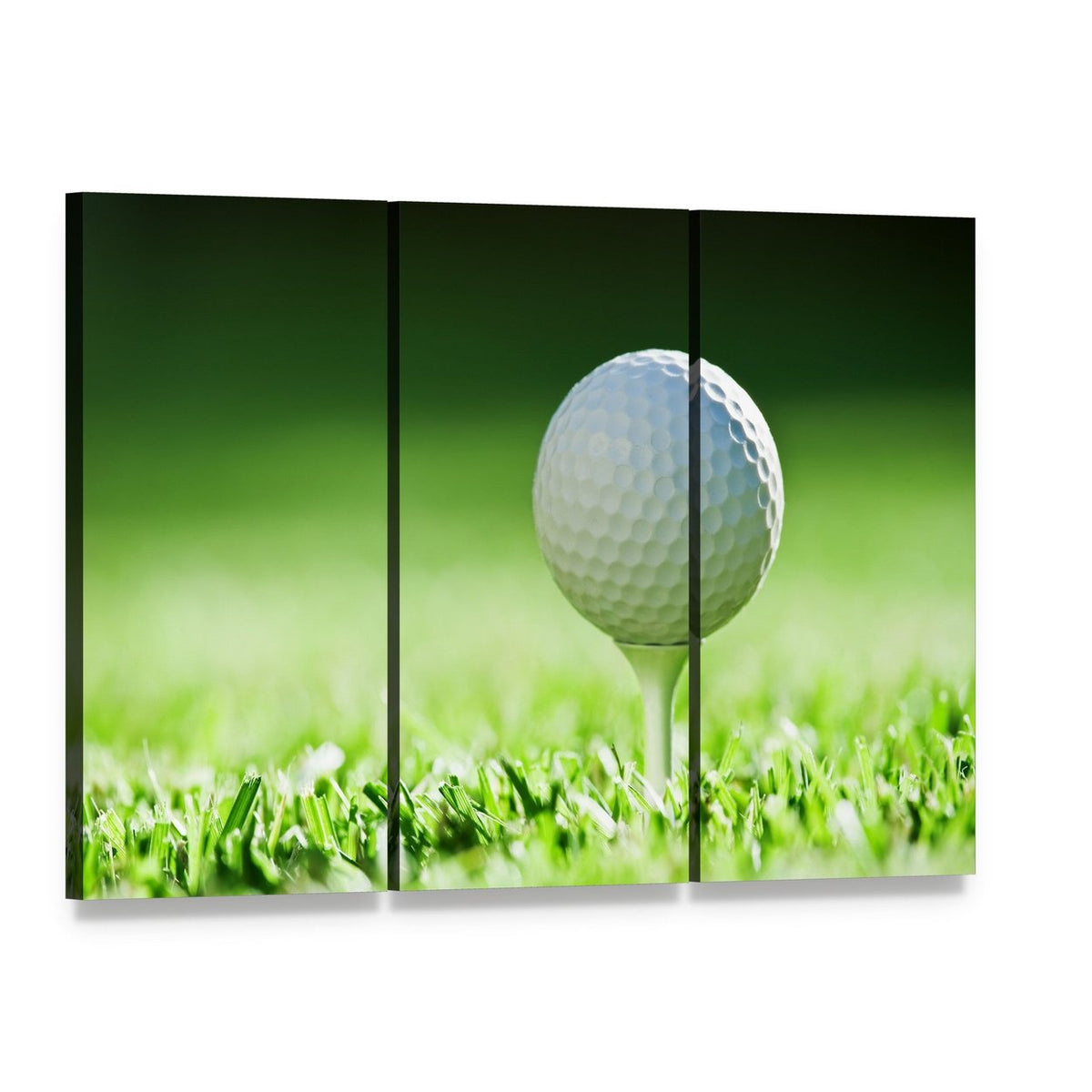 Golf Ball on Green Grass Canvas Wall Art, 3 panel 3 Horizontal layout gallery wrapped canvas set, angled product view
