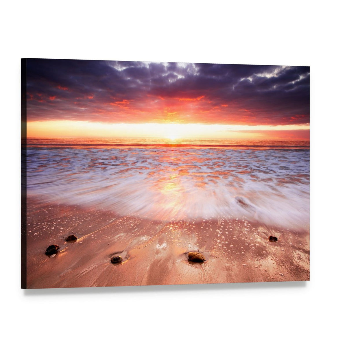 Sunset Over Surf with Rock Reflections Canvas Wall Art, single panel gallery wrapped canvas, angled product view
