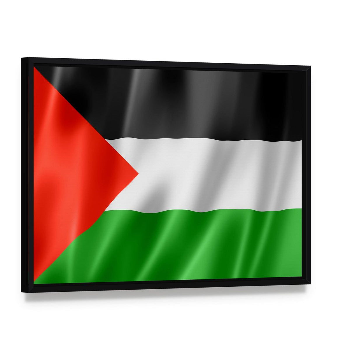 Waving Palestinian Flag Canvas Wall Art, framed canvas in a black floater frame, angled product view