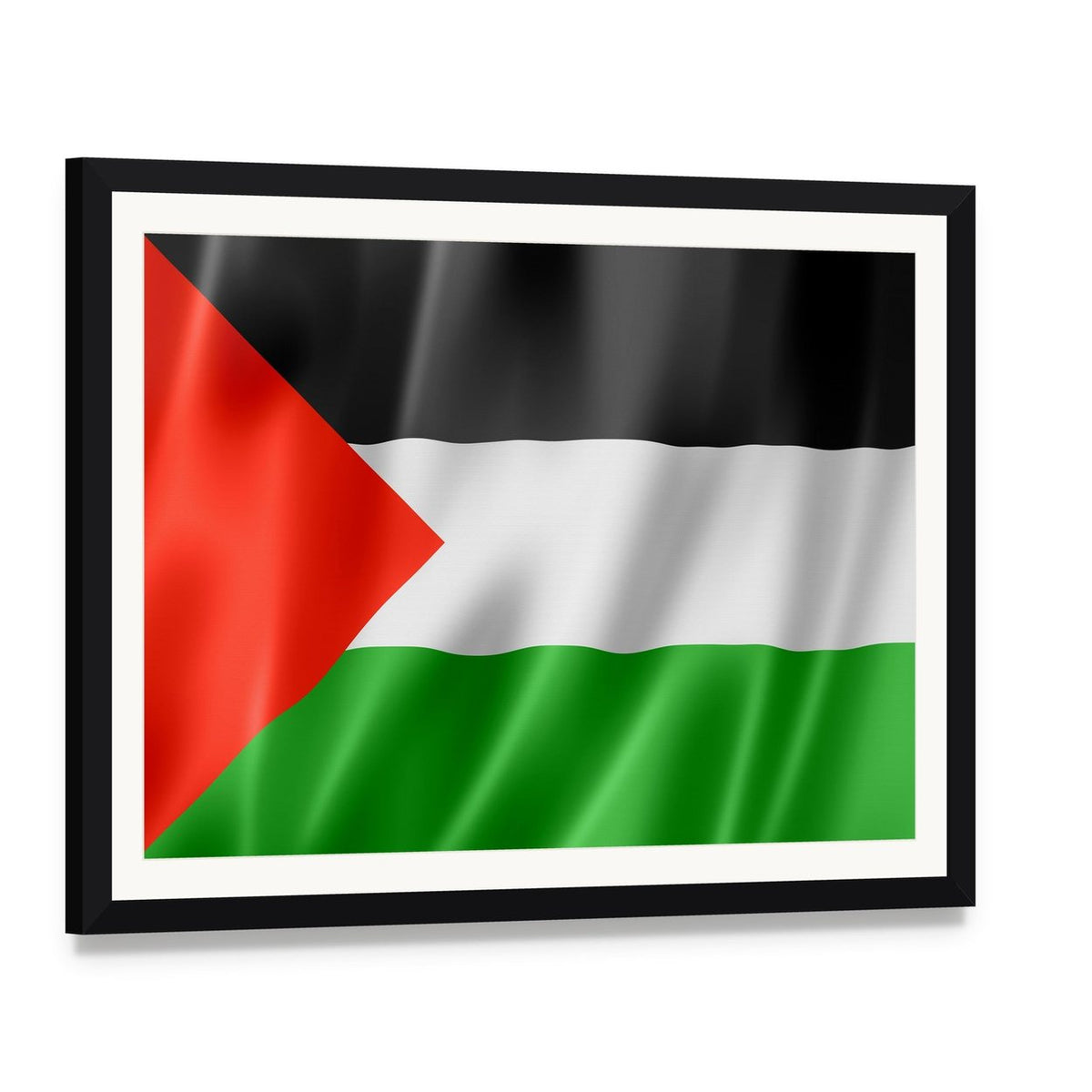 Waving Palestinian Flag Canvas Wall Art, framed print with white mat and black frame, angled product view