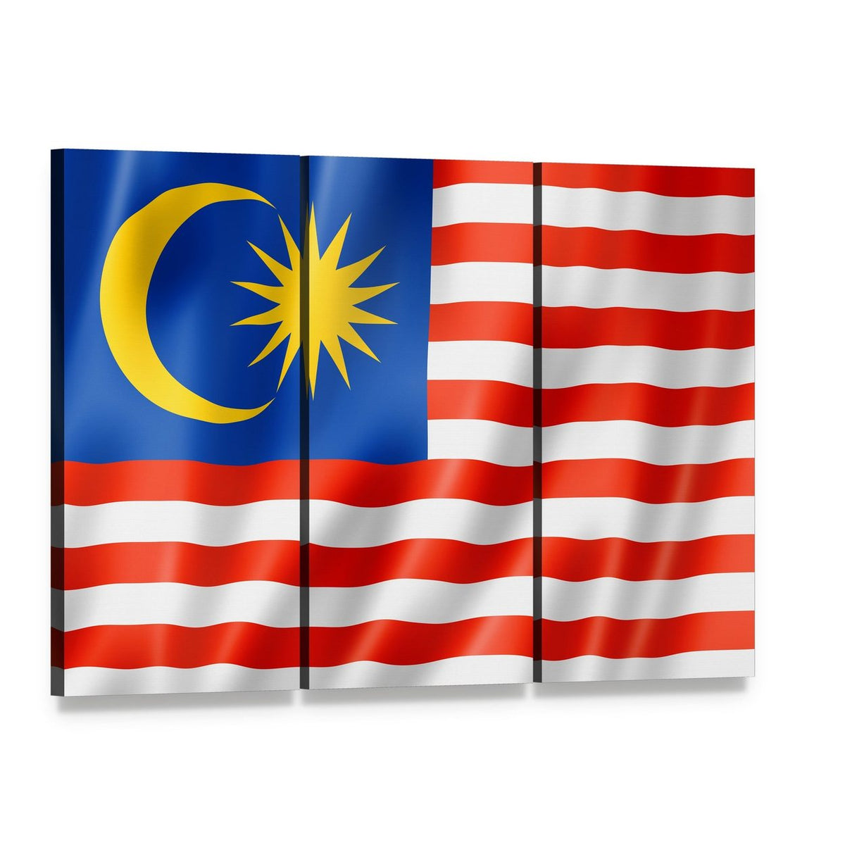 Malaysian Flag with Crescent and 14-point Star Canvas Wall Art, 3 panel 3 Horizontal layout gallery wrapped canvas set, angled product view