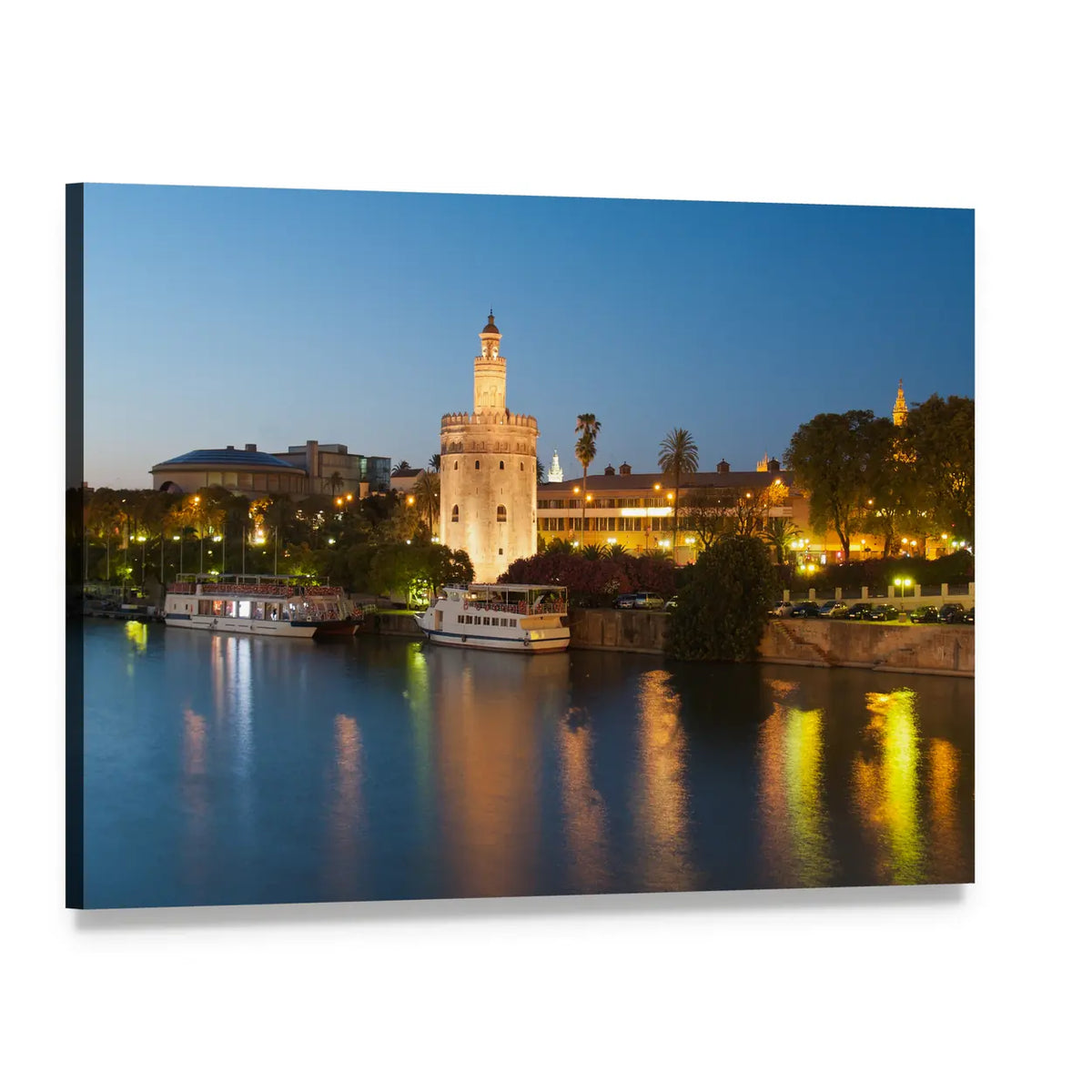 Torre Del Oro Seville Night River View Canvas Wall Art, single panel gallery wrapped canvas, angled product view
